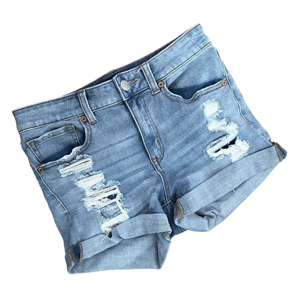 Aero high rise midi light wash‎ ripped denim jean shorts pockets cotton comfort